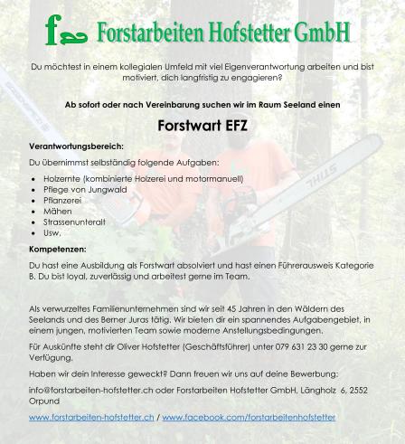 Forstwart Region Seeland gesucht!