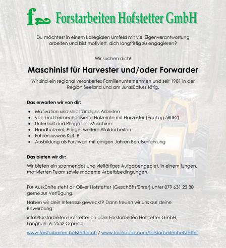 Inserat Forstmaschinenfahrer März 2025